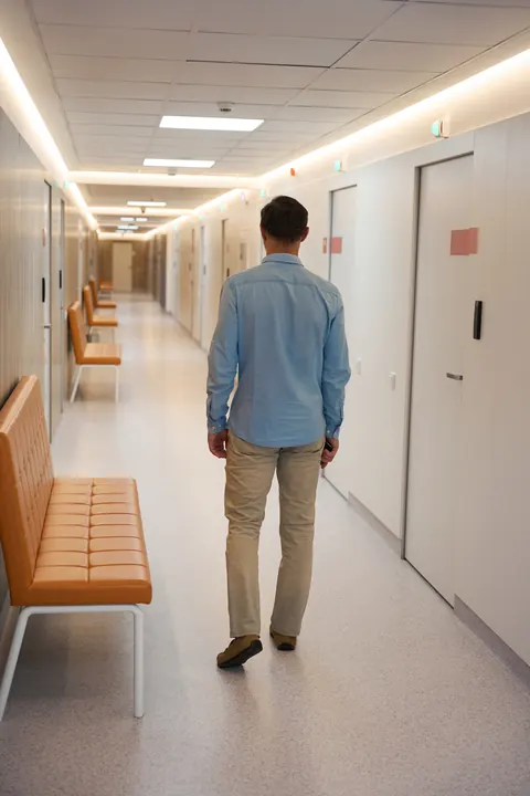 Hombre camina de espaldas por un pasillo de hospital bien iluminado.